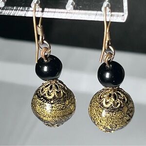 Vintage Gold and Black Spherical Bead Earrings